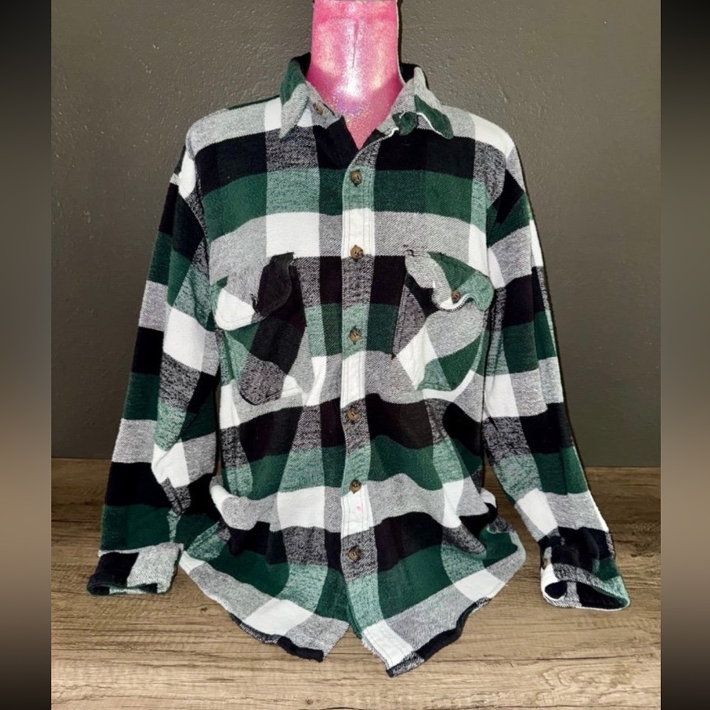 BTC Plaid Button Down Shirt in Green, Black, and White